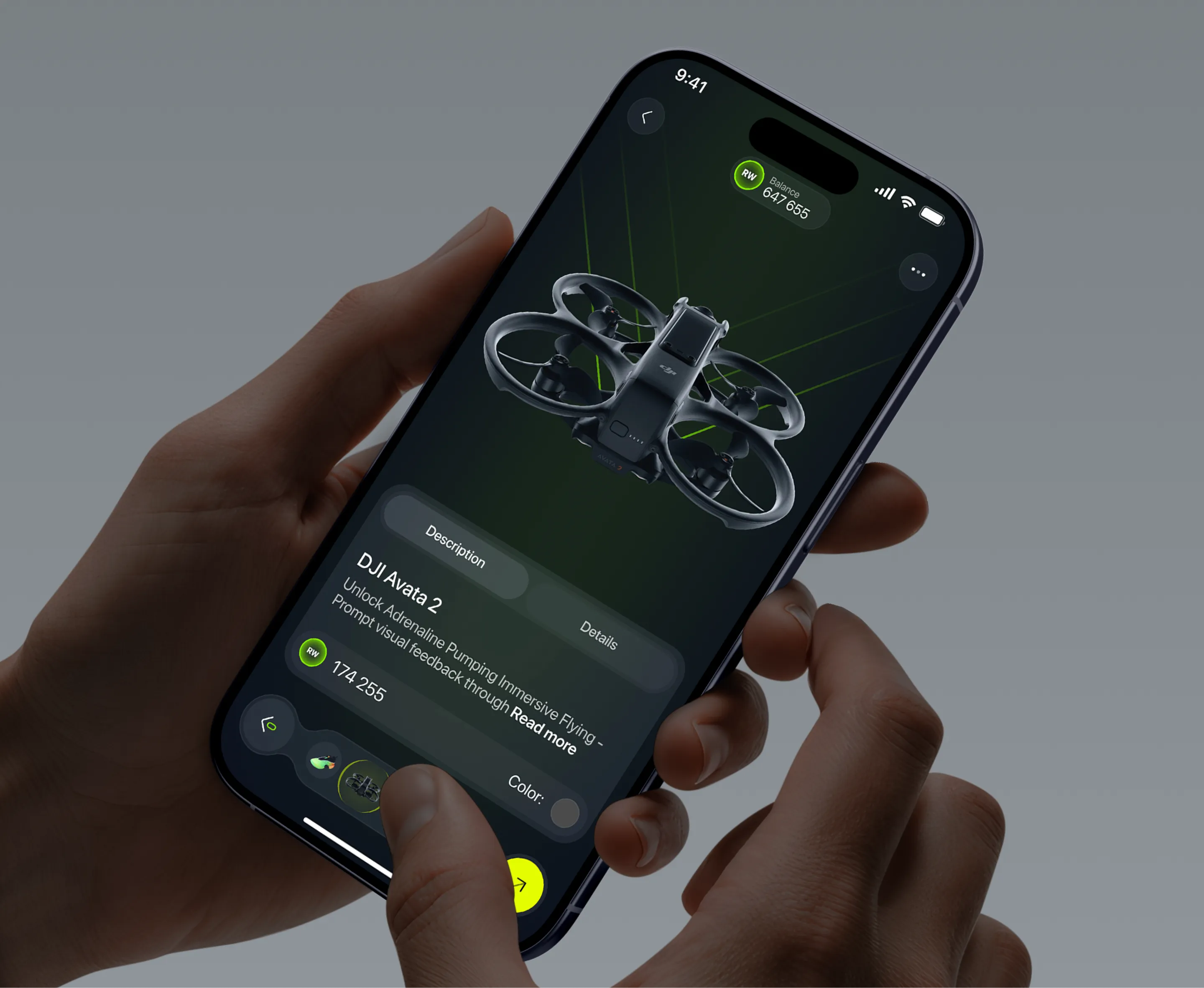 Mobile product detail page UI design for the DJI Avata 2 drone, featuring immersive imagery and dark mode aesthetic