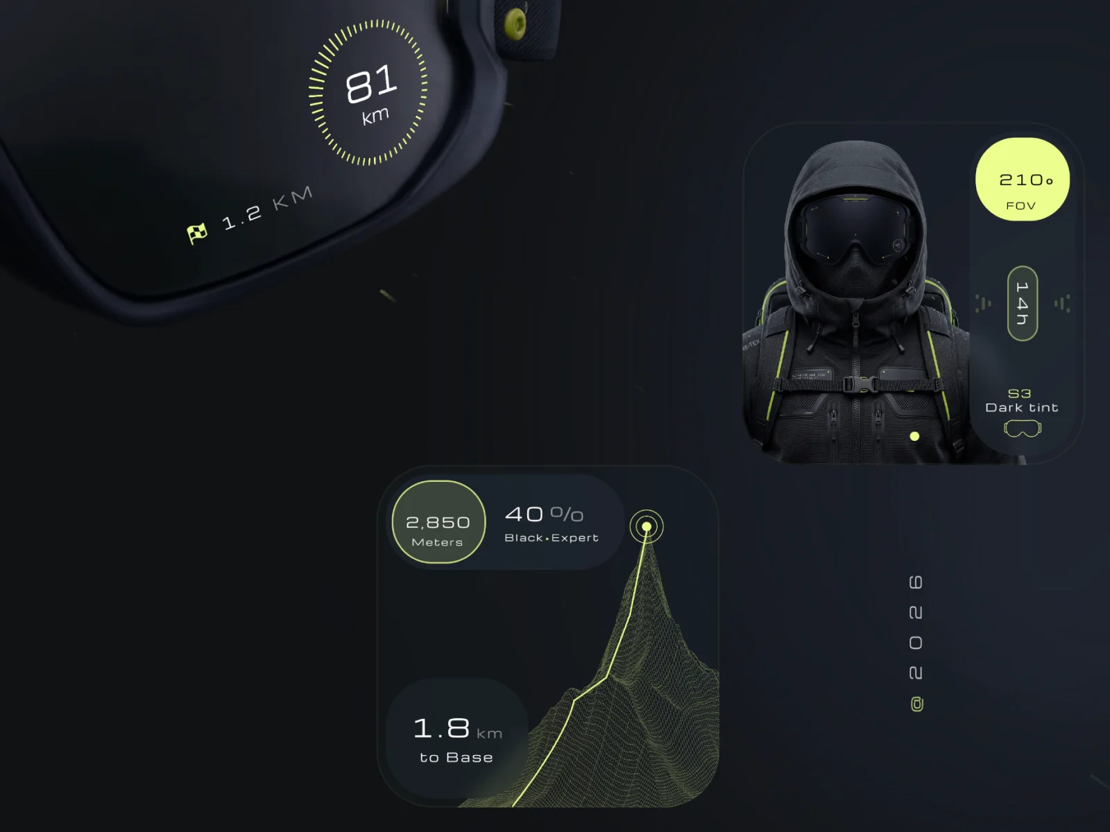 Detailed HUD interface for Aurora Vision goggles, showing real-time metrics like speed, distance to base, and mountain terrain mapping.