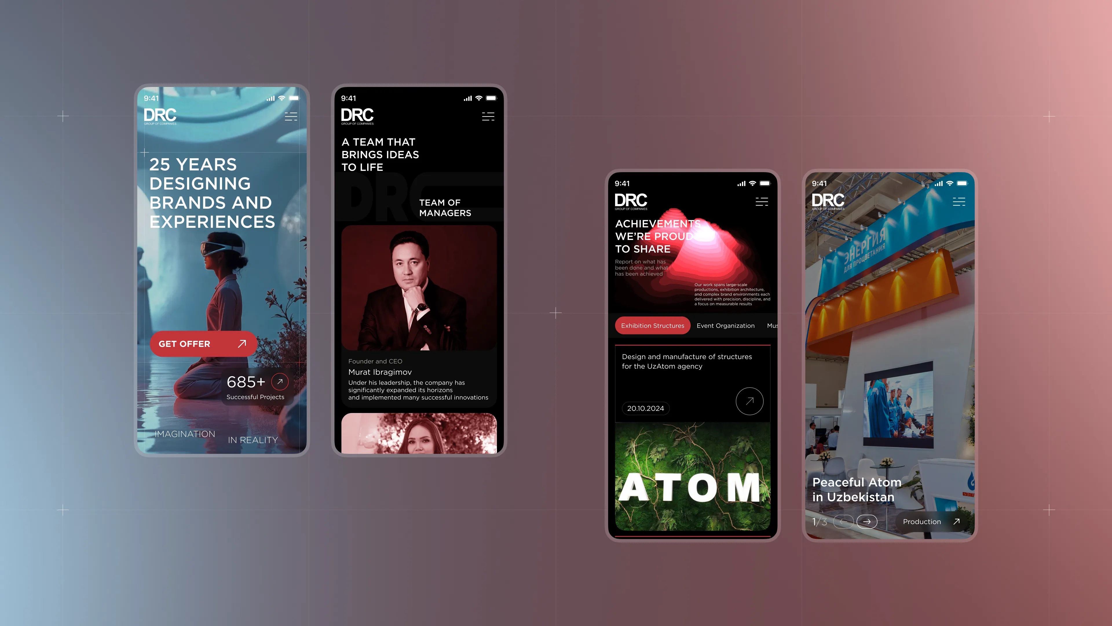 Multiple mobile UI screens for the DRC agency, showcasing the hero section, team profiles, achievement highlights, and project cases on smartphone mockups.