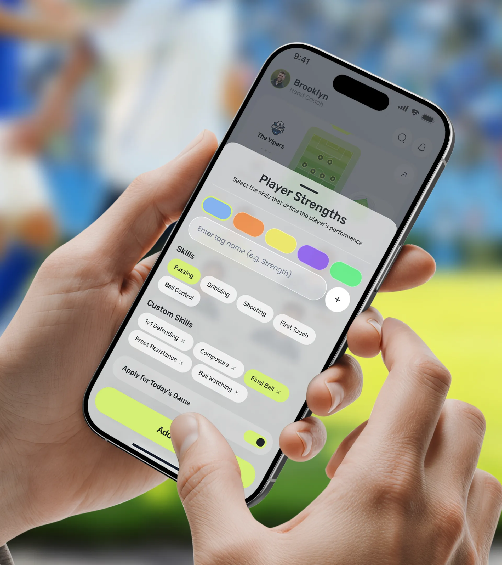 Mobile UI overlay for selecting player strengths, featuring custom skill tags, color-coded categories, and a clean, light-themed interface.