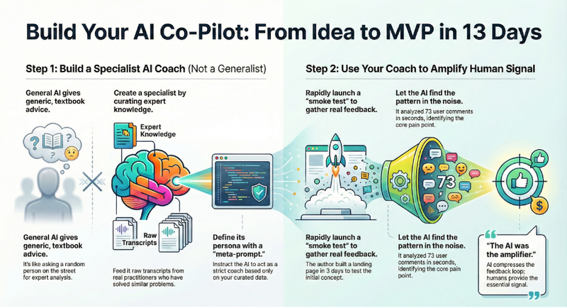 Infographic titled “Build Your AI Co-Pilot: From Idea to MVP in 13 Days” showing two steps: create a specialist AI coach using curated expert knowledge, transcripts, and a persona meta-prompt, then run a smoke-test launch and use AI to analyze 73 comments to find patterns in user feedback.
