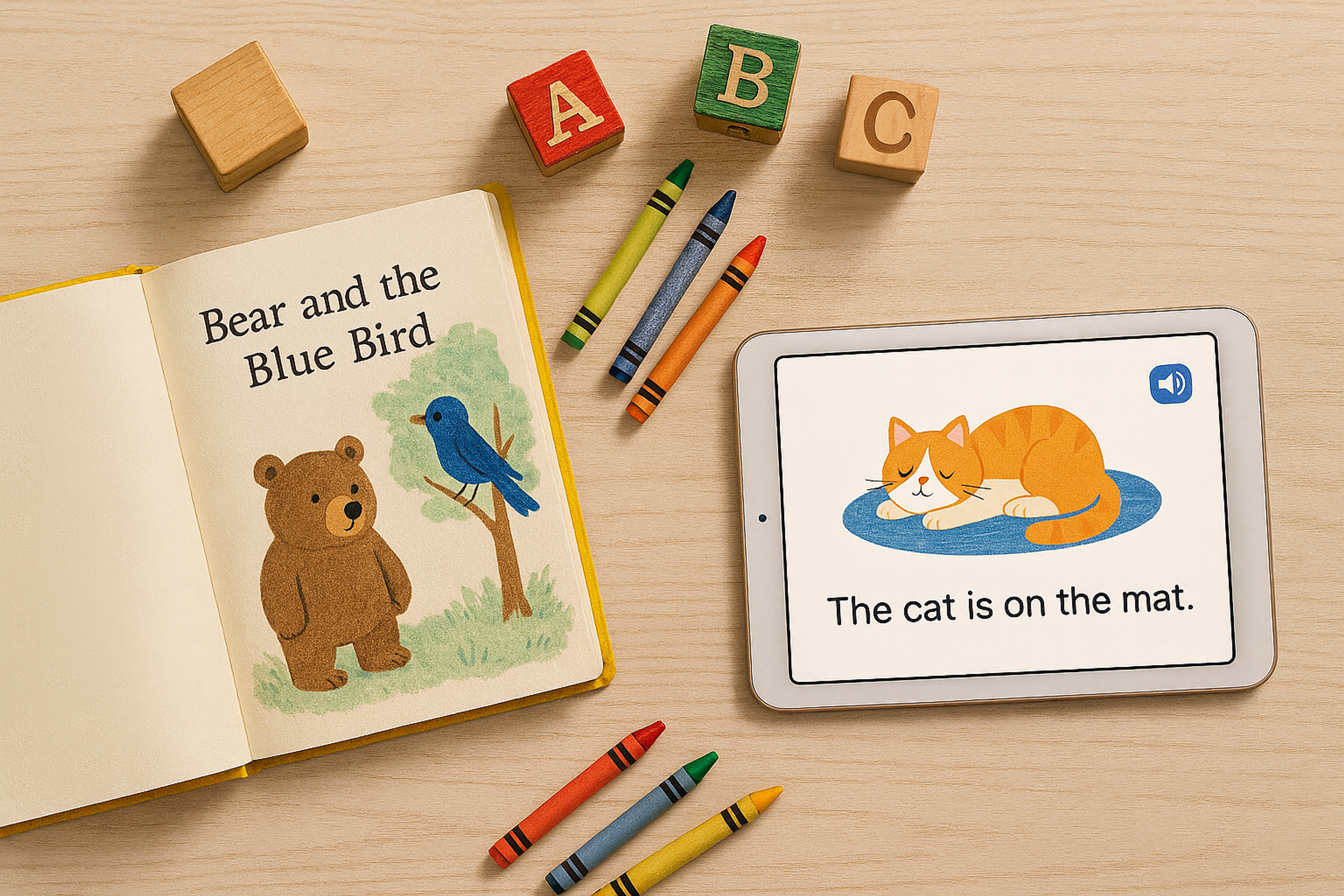 A child’s learning workspace with a picture book titled “Bear and the Blue Bird,” wooden alphabet blocks reading A, B, C, colorful crayons, and a tablet displaying an illustration of a cat on a mat with the sentence “The cat is on the mat.”