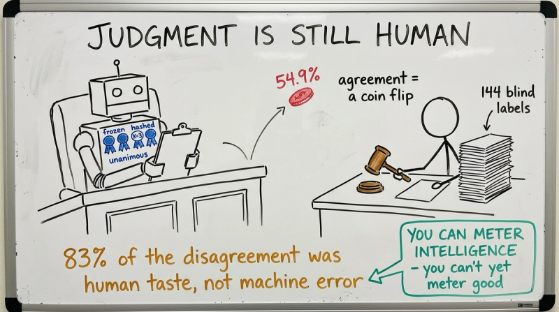 Whiteboard sketch of a robot judge with badges reading frozen, hashed, K=3, unanimous, facing a human holding a gavel beside a stack of 144 blind labels; a coin flips between them at 54.9%. Bottom line: 83% of the disagreement was human taste, not machine error.