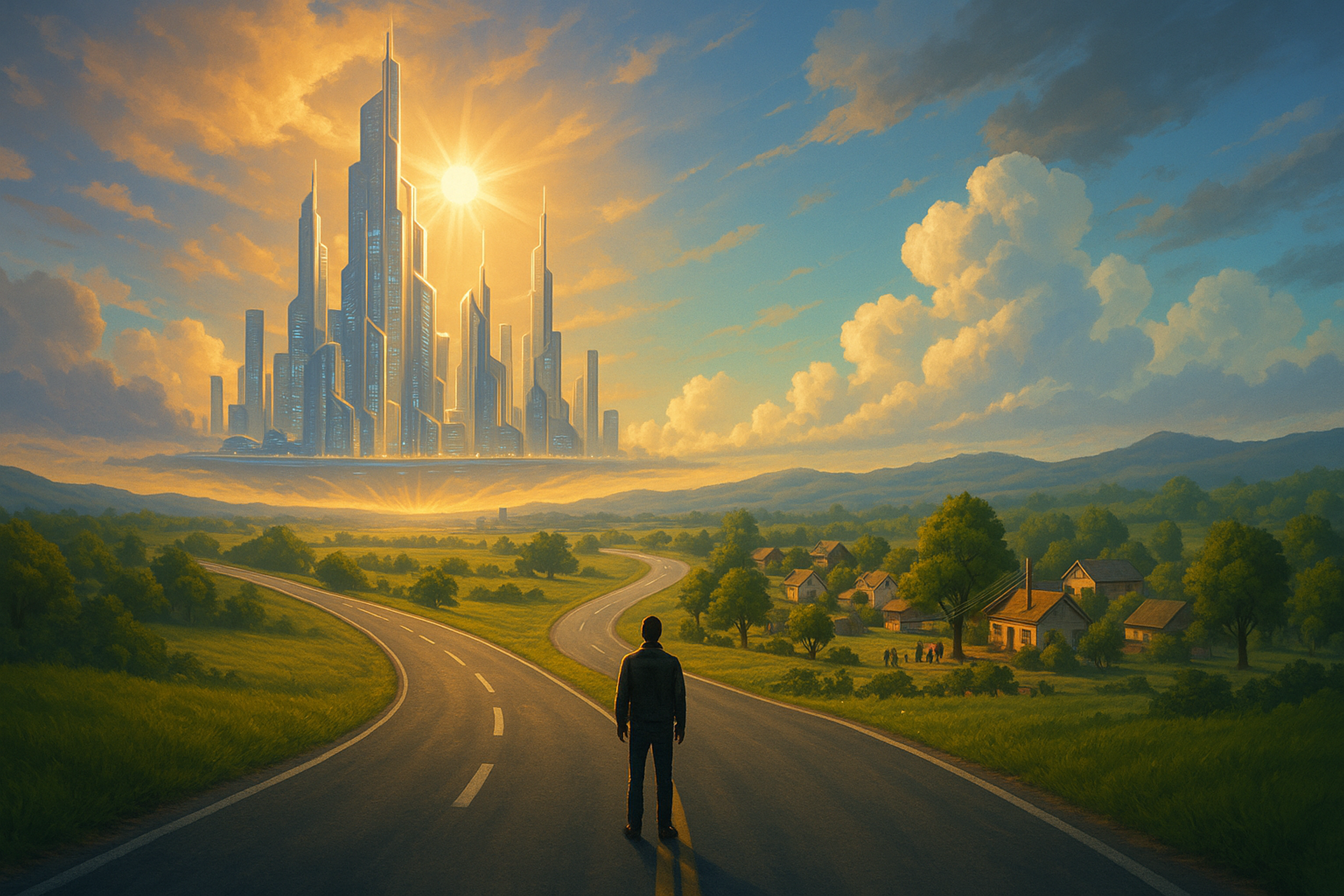 An evocative image depicting a solitary figure at a crossroads. To the left, a path curves towards a towering, illuminated futuristic city in the clouds under a bright sun. To the right, the other path winds towards a serene, traditional village nestled in green hills under a partly cloudy sky.