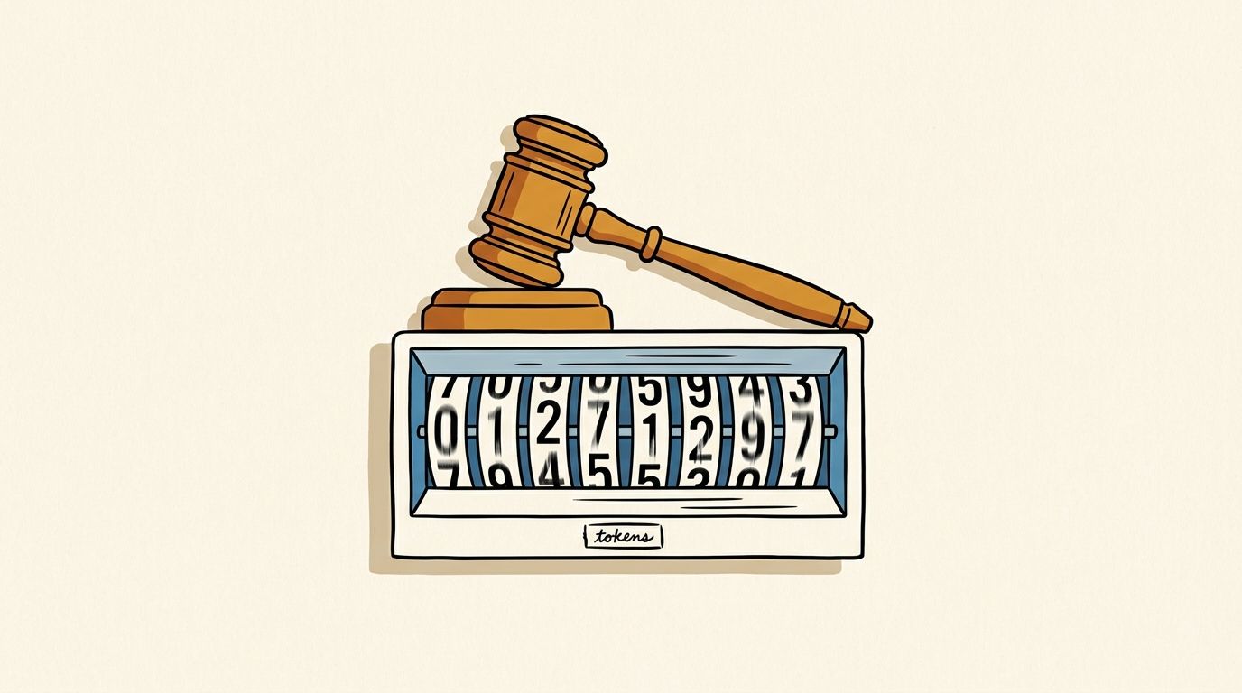 Flat hand-inked illustration: a wooden judge's gavel resting on a mechanical token counter as if it were the gavel's sound block; the counter's digit wheels are blurred mid-spin, labeled tokens. 