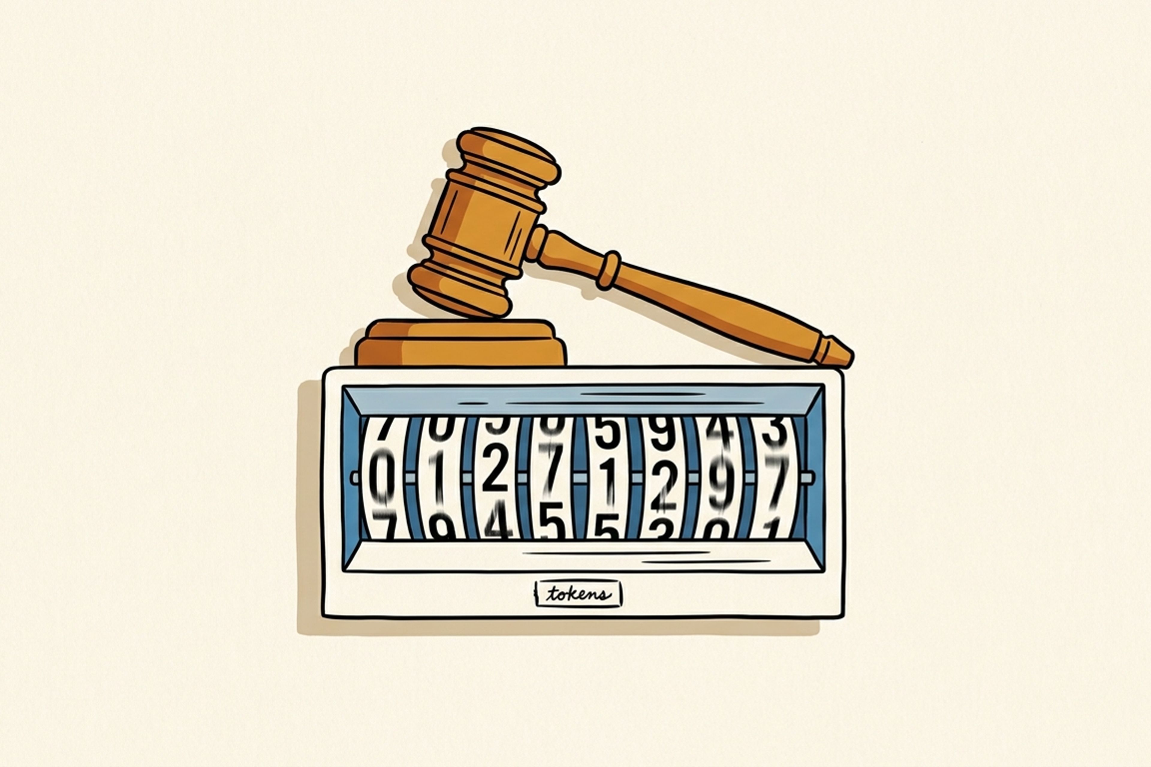 Flat hand-inked illustration: a wooden judge's gavel resting on a mechanical token counter as if it were the gavel's sound block; the counter's digit wheels are blurred mid-spin, labeled tokens.