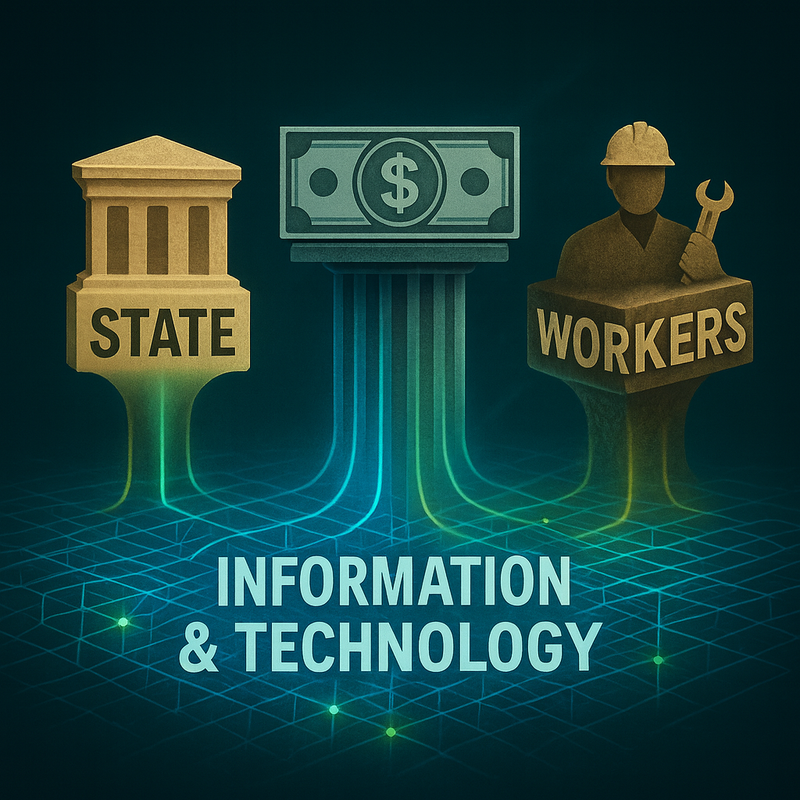 Abstract socio-economic model illustration showing three pillars labeled State, Capital, and Workers, all supported by a glowing digital foundation labeled Information & Technology. The State is depicted as a golden government-style column, Capital as a green dollar bill with title beneath, and Workers as a silhouette of a person in a hardhat holding a wrench. Bright beams of blue, green, and yellow light connect the digital network foundation to each pillar against a dark teal background