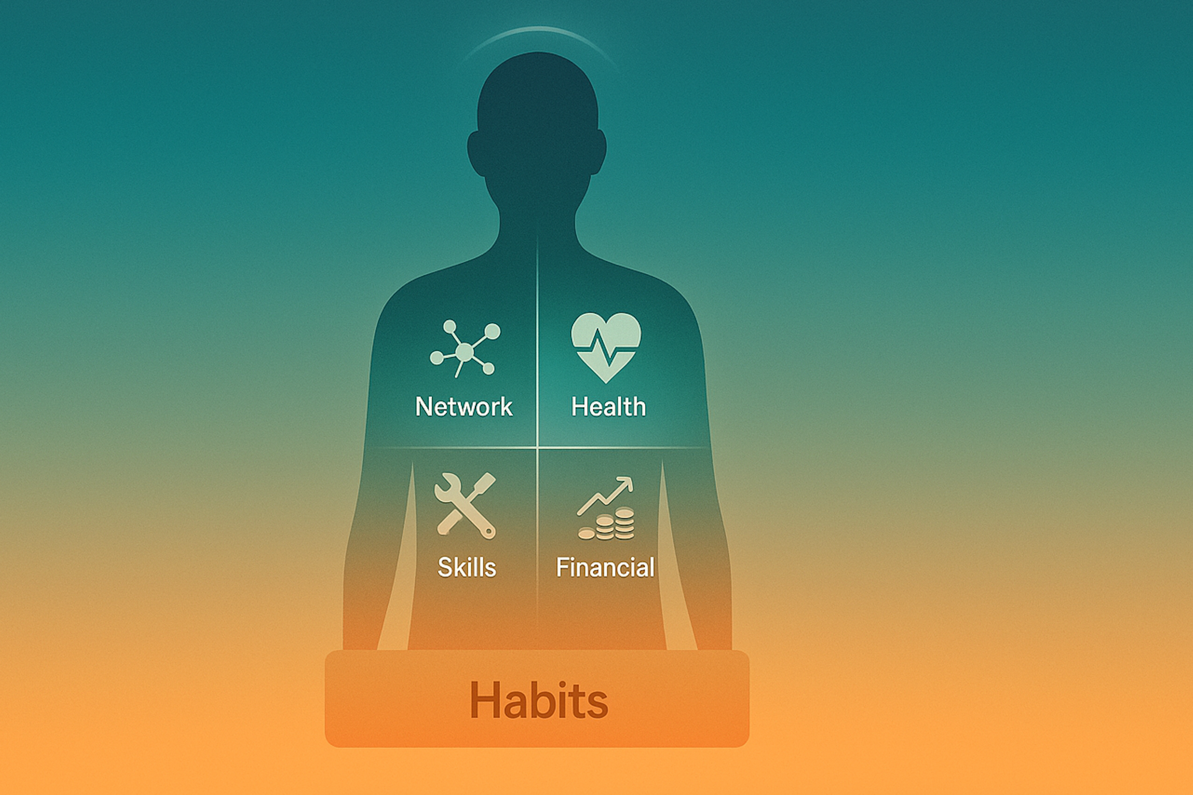 a silhouette of a person with icons for network health skills and financial habits