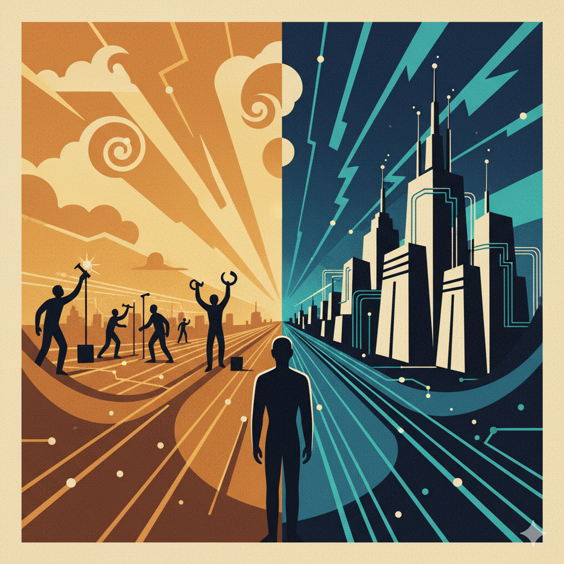 A person standing at a crossroads. One path is glowing with digital lines (code/AI), leading into a somewhat sterile, automated-looking city. The other path is more organic, maybe leading towards a horizon where human figures are actively building or collaborating, perhaps with subtle digital overlays. The sky is, representing the two realities.