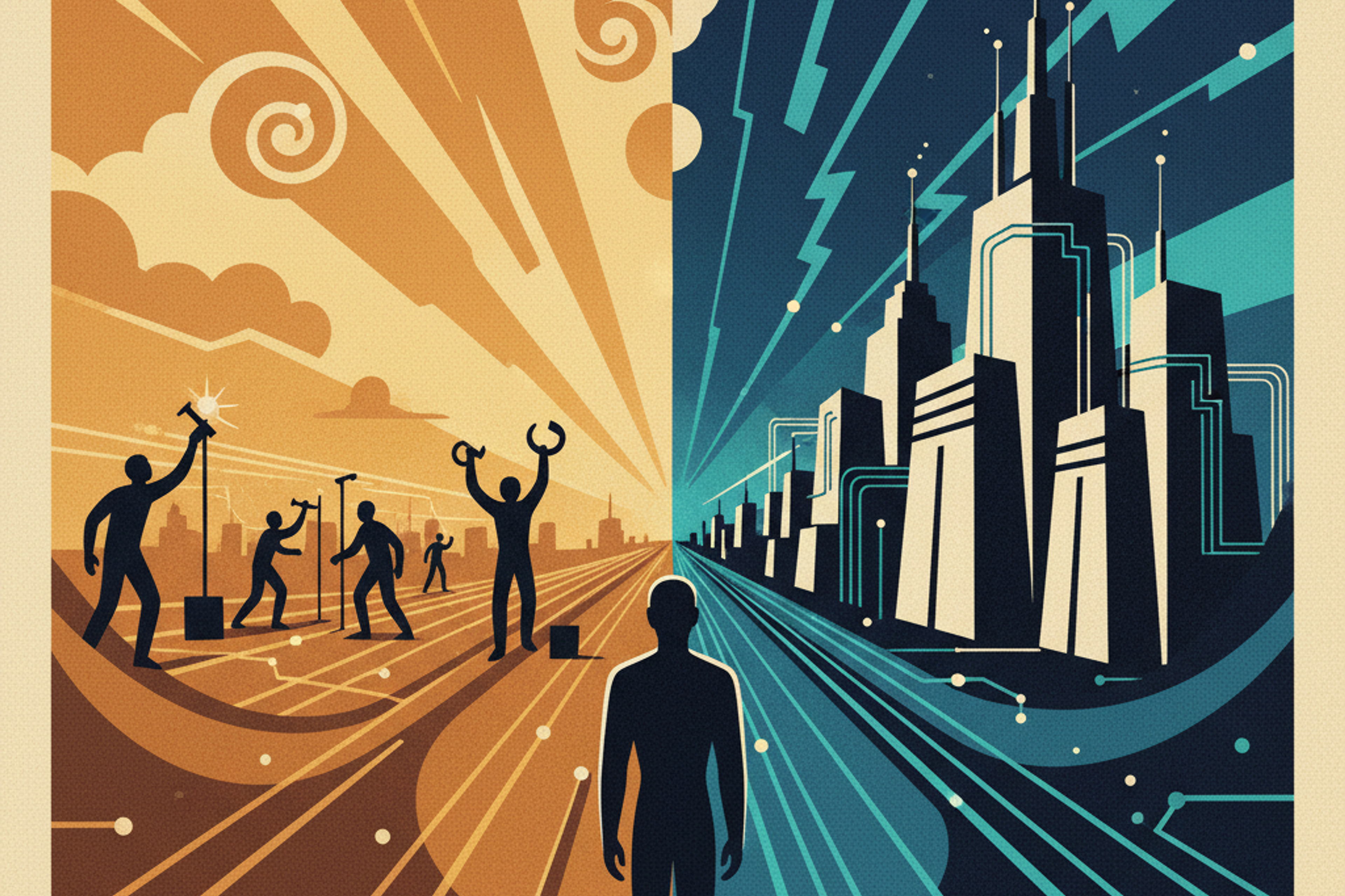 A person standing at a crossroads. One path is glowing with digital lines (code/AI), leading into a somewhat sterile, automated-looking city. The other path is more organic, maybe leading towards a horizon where human figures are actively building or collaborating, perhaps with subtle digital overlays. The sky is, representing the two realities.