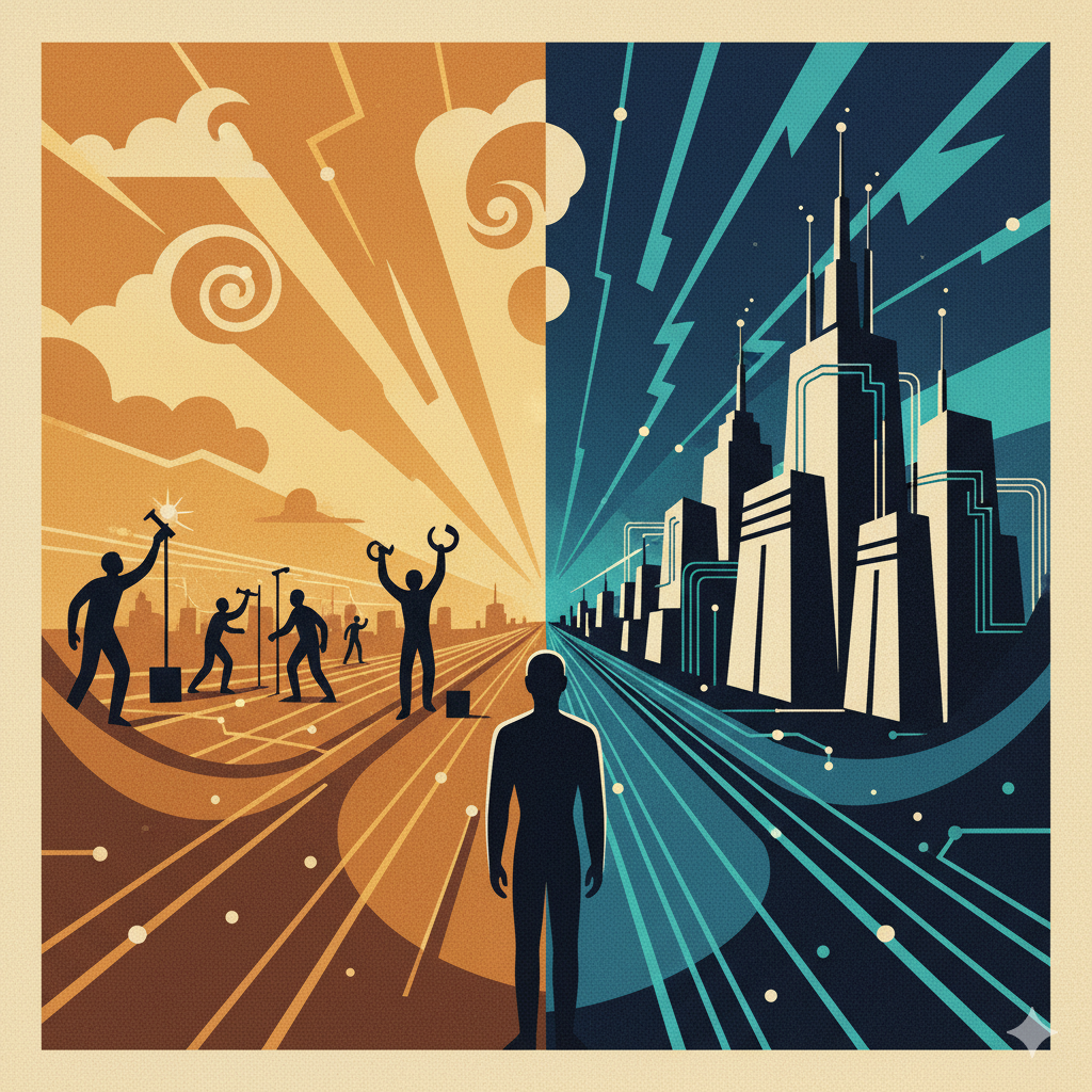 A person standing at a crossroads. One path is glowing with digital lines (code/AI), leading into a somewhat sterile, automated-looking city. The other path is more organic, maybe leading towards a horizon where human figures are actively building or collaborating, perhaps with subtle digital overlays. The sky is, representing the two realities.