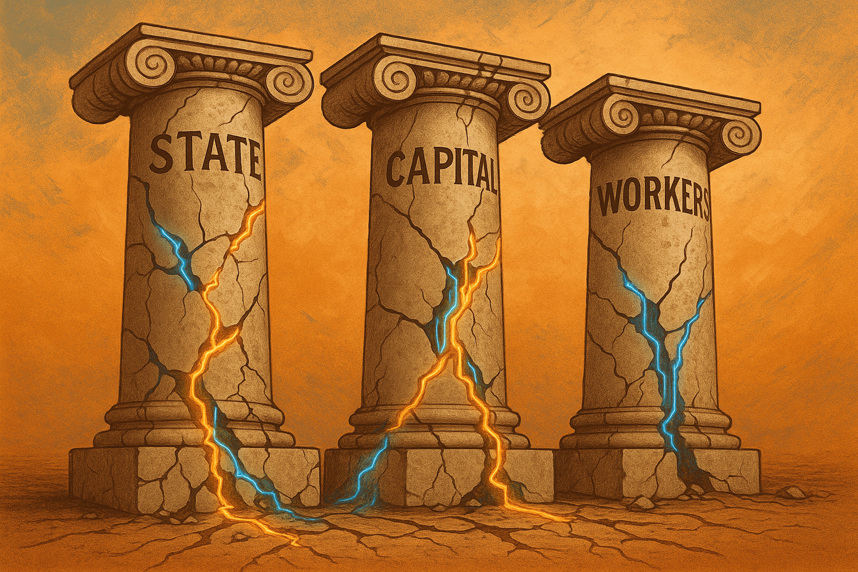 Stylized illustration of three cracked stone pillars labeled State, Capital, and Workers. Glowing circuitry-like fractures in blue and orange run through the pillars and unstable foundation, symbolizing the fragile state of power structures in a changing technological era.
