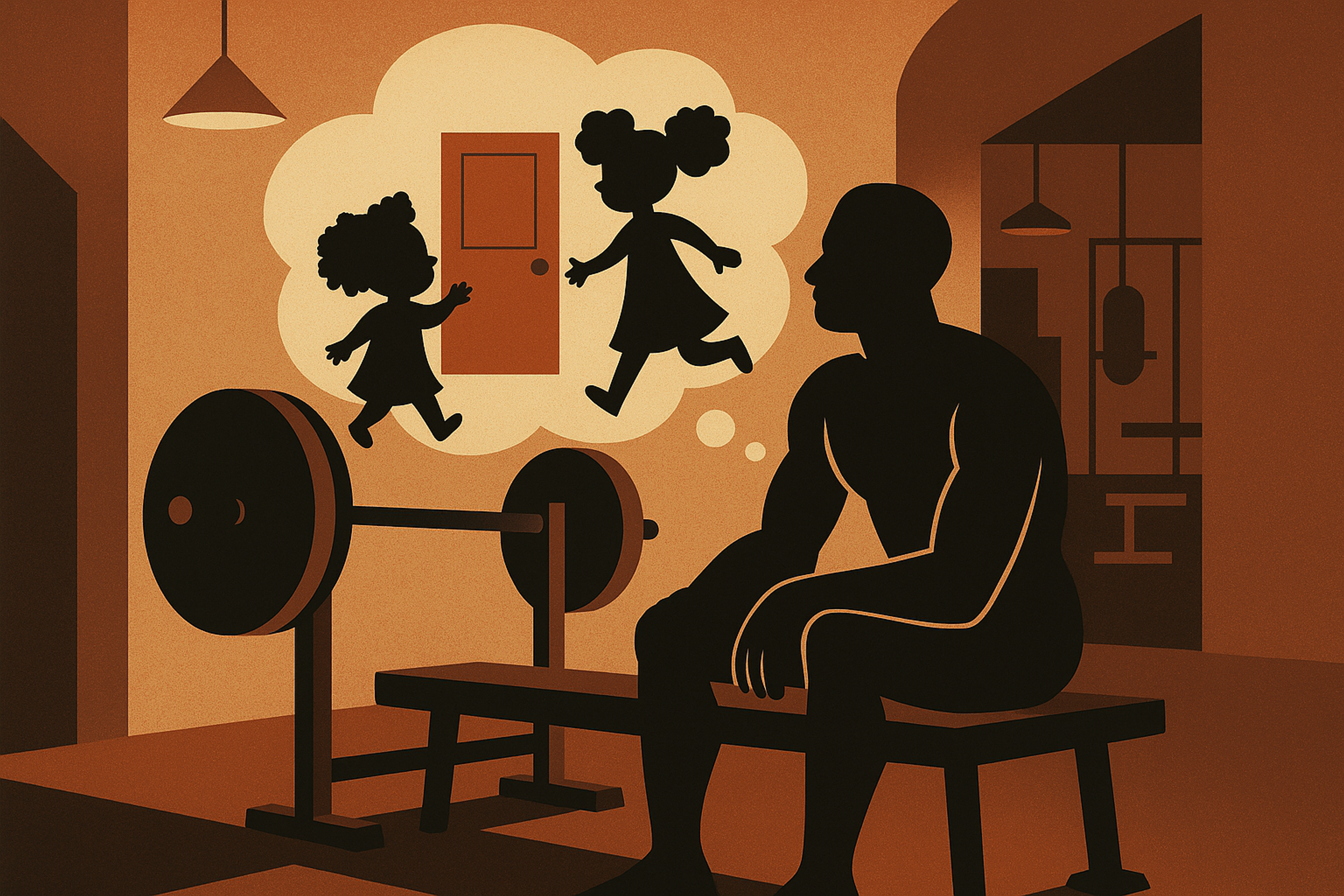 A man with a muscular physique sits thoughtfully on a gym bench, resting between sets. In a thought bubble above his head, two young girls, representing his daughters, are joyfully running towards an open door. The image has a warm, vintage-inspired color palette with strong silhouettes, conveying a sense of aspiration and the balance between personal effort and family life. The background subtly shows gym equipment like a barbell, indicating the setting
