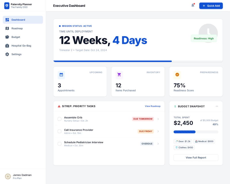 Mission control dashboard for expecting dads. 