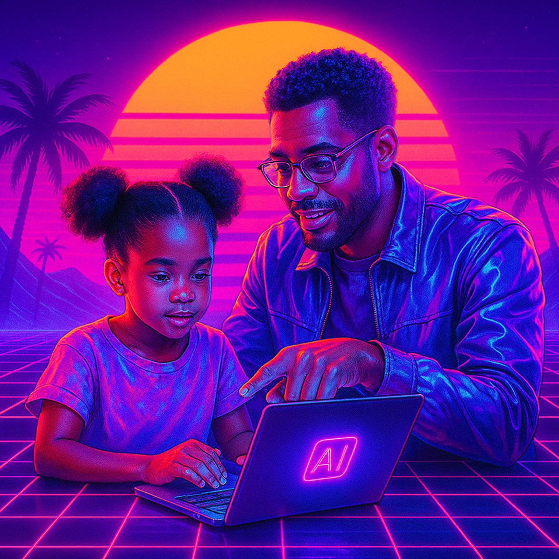 a man and a little girl are looking at a laptop with the ai logo on it