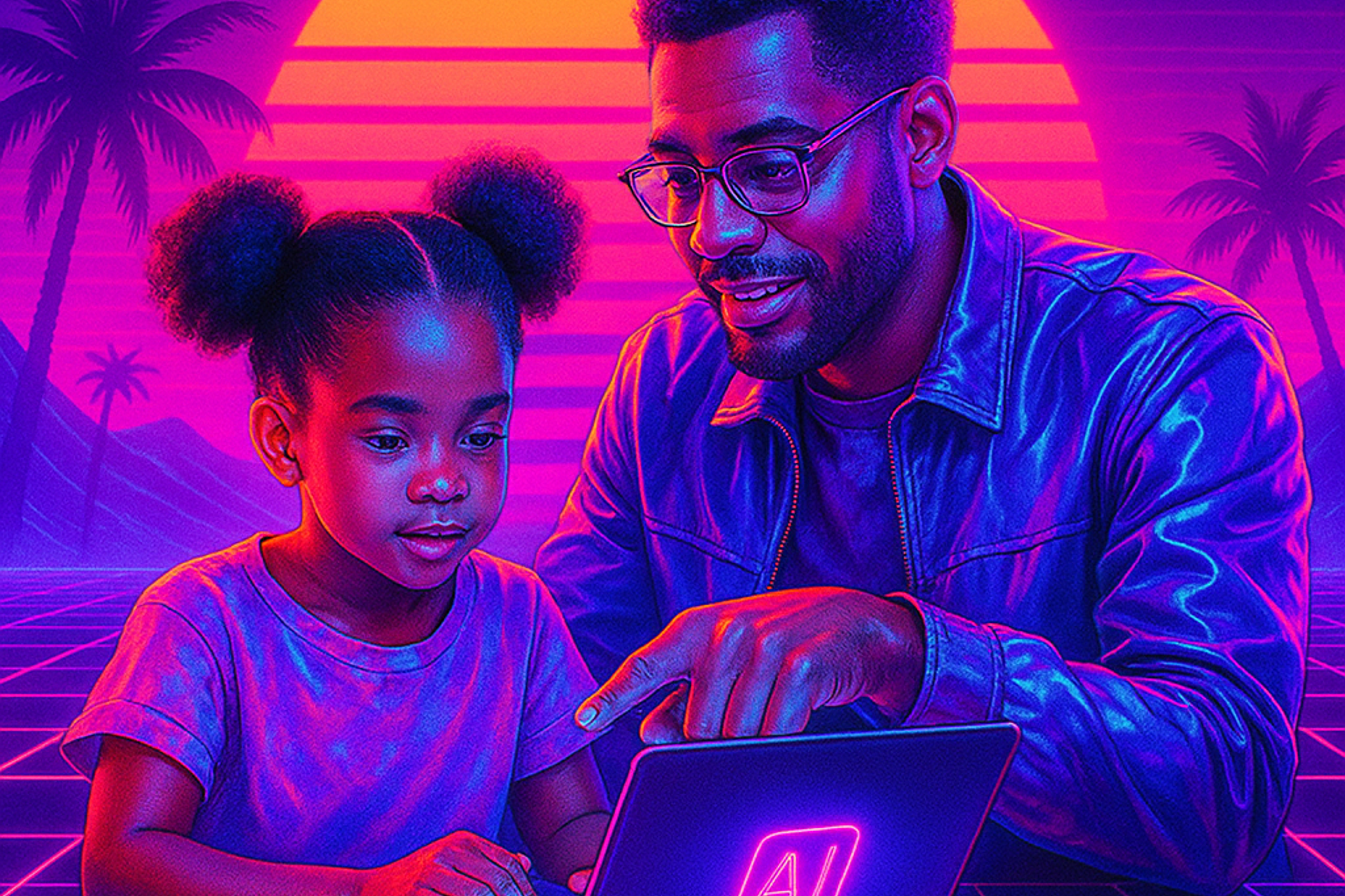 a man and a little girl are looking at a laptop with the ai logo on it
