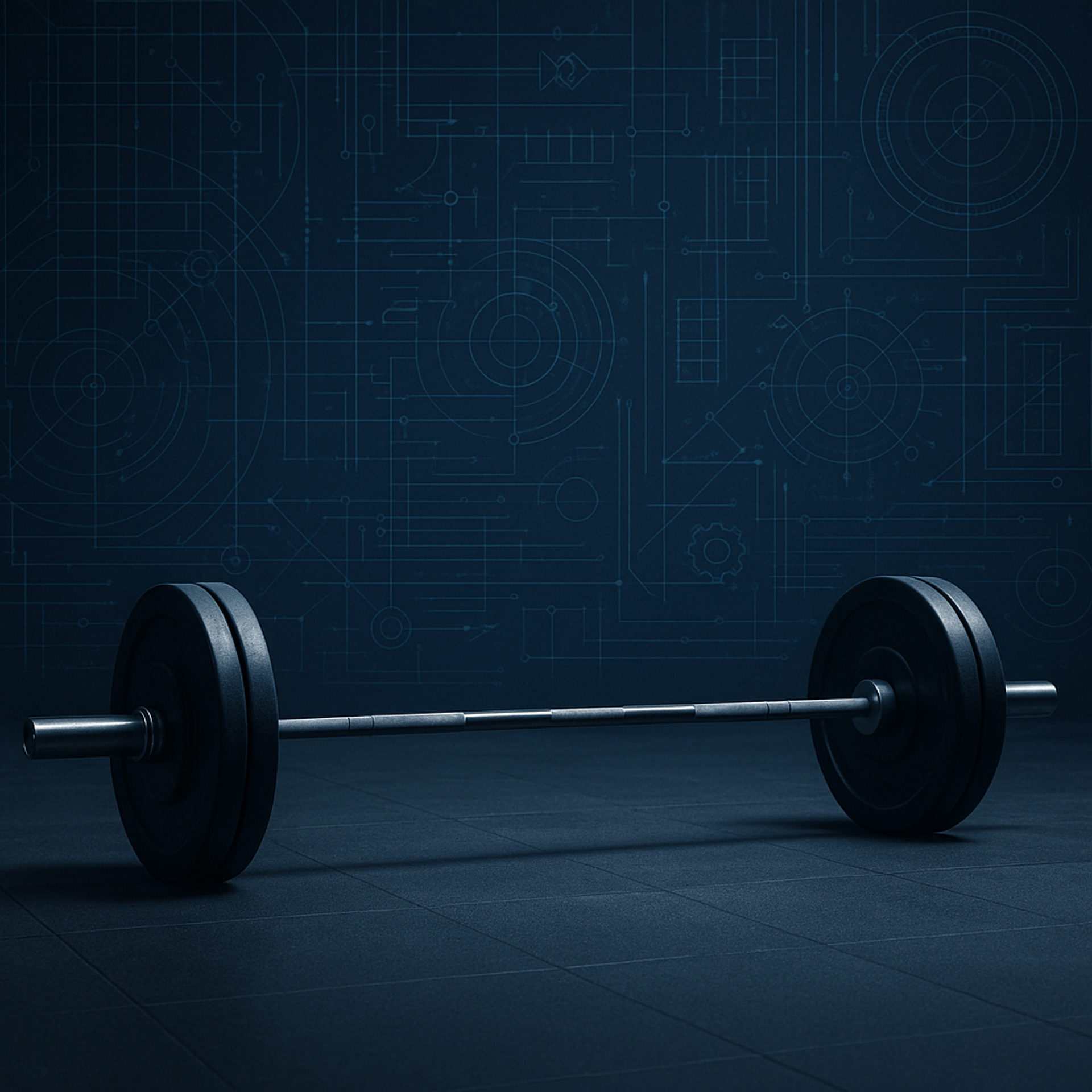 A barbell resting on a dark gym floor with glowing blueprint-style engineering diagrams in the background, symbolizing the connection between physical discipline and professional growth.