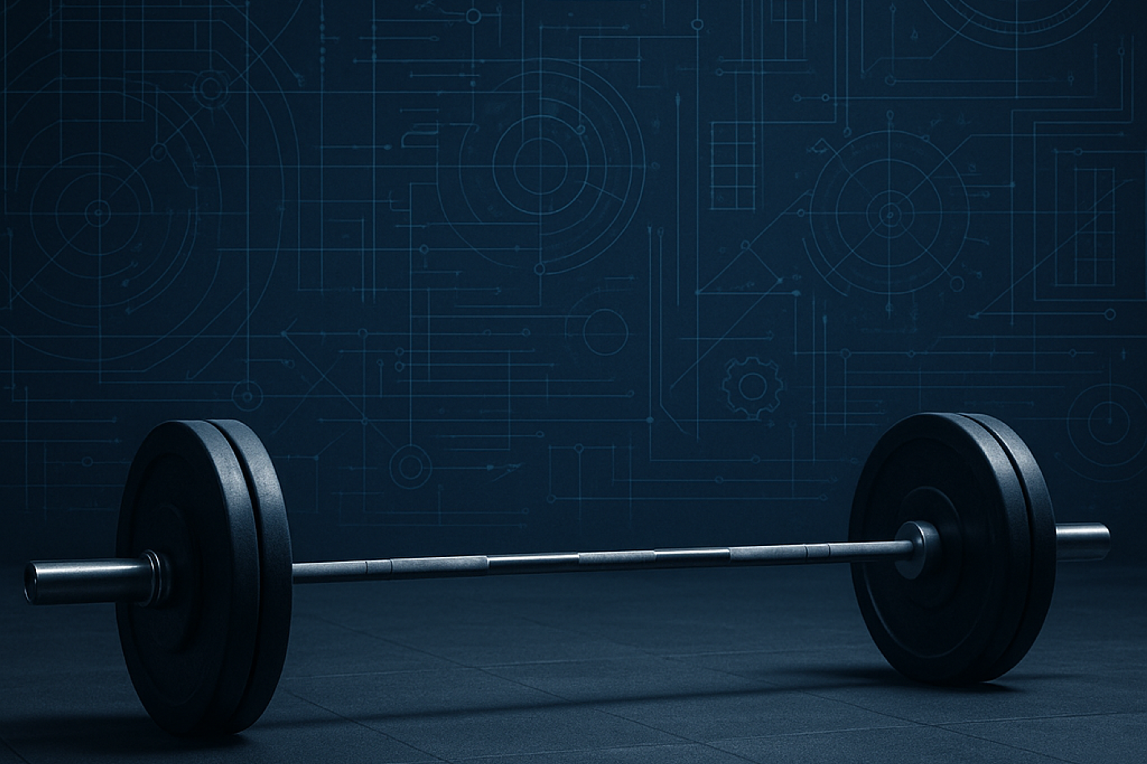 A barbell resting on a dark gym floor with glowing blueprint-style engineering diagrams in the background, symbolizing the connection between physical discipline and professional growth.