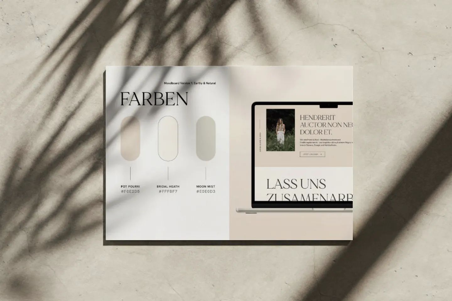 Branding-Sheet für Antonia Bläser mit Farbpalette und Website auf einem Tablet