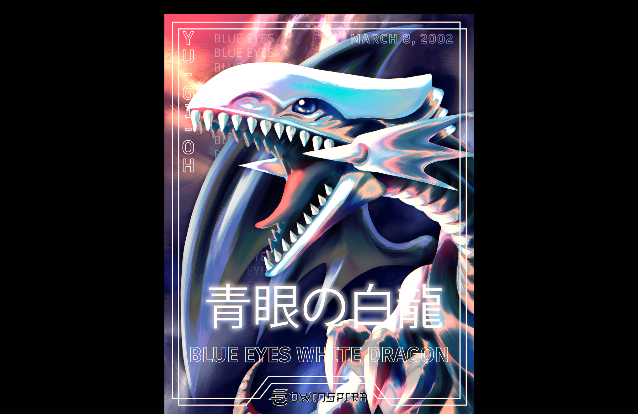 illustration of blue eyes white dragon from yugioh