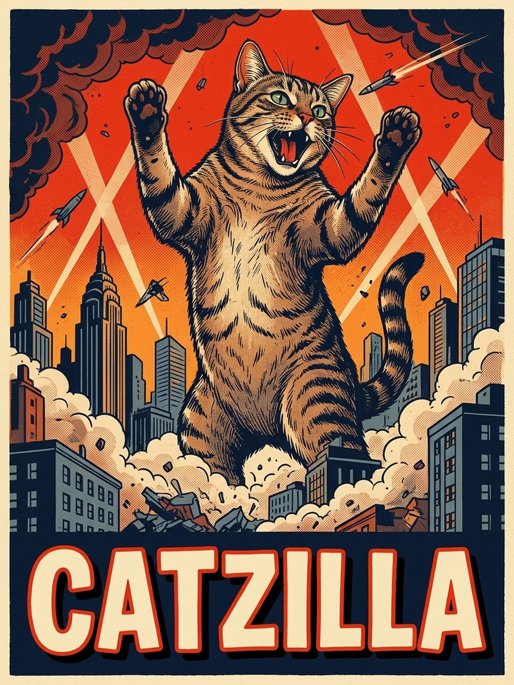 catzilla poster hanging on a wall