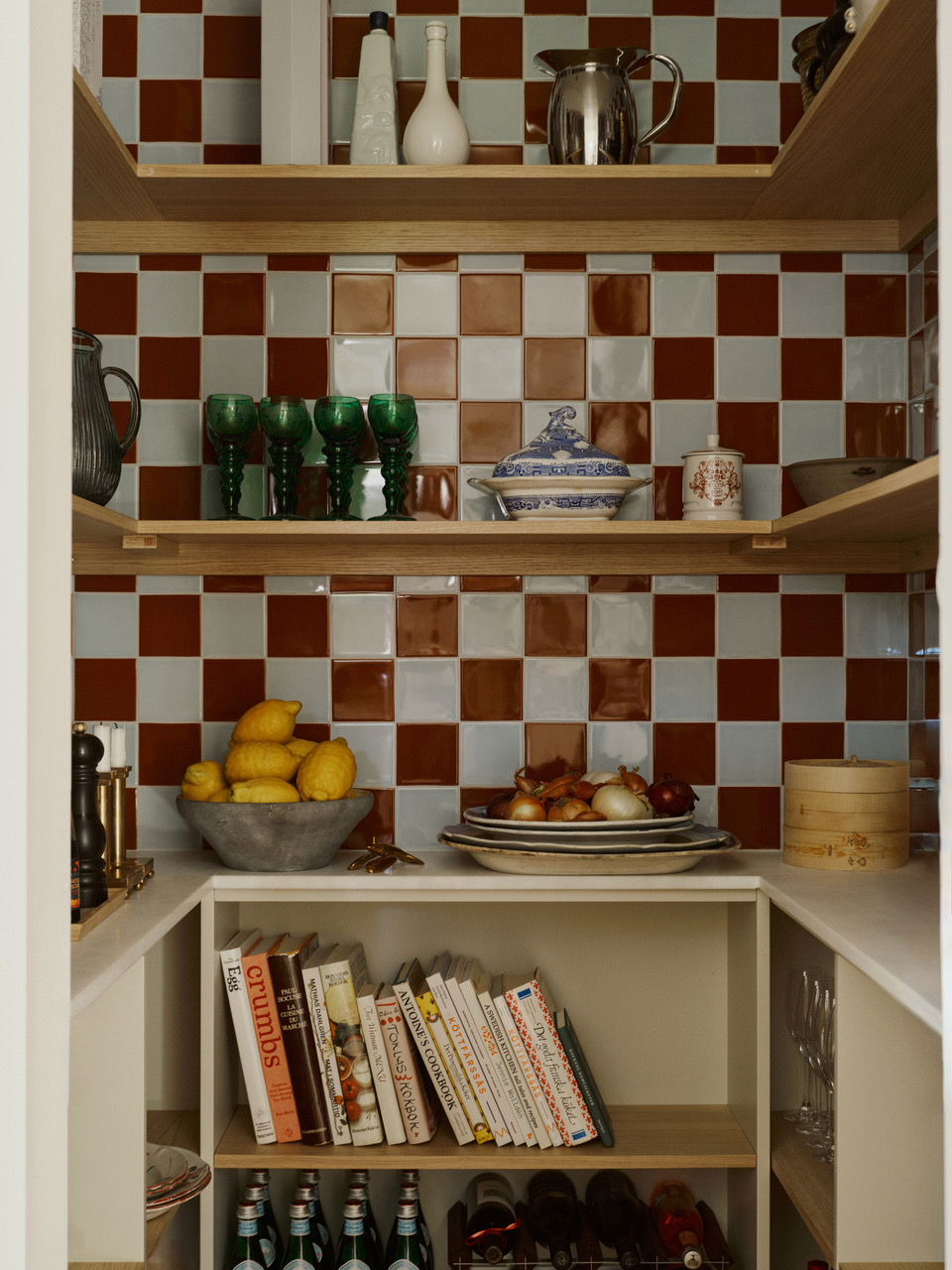 Blue and red tiles in kitchen 