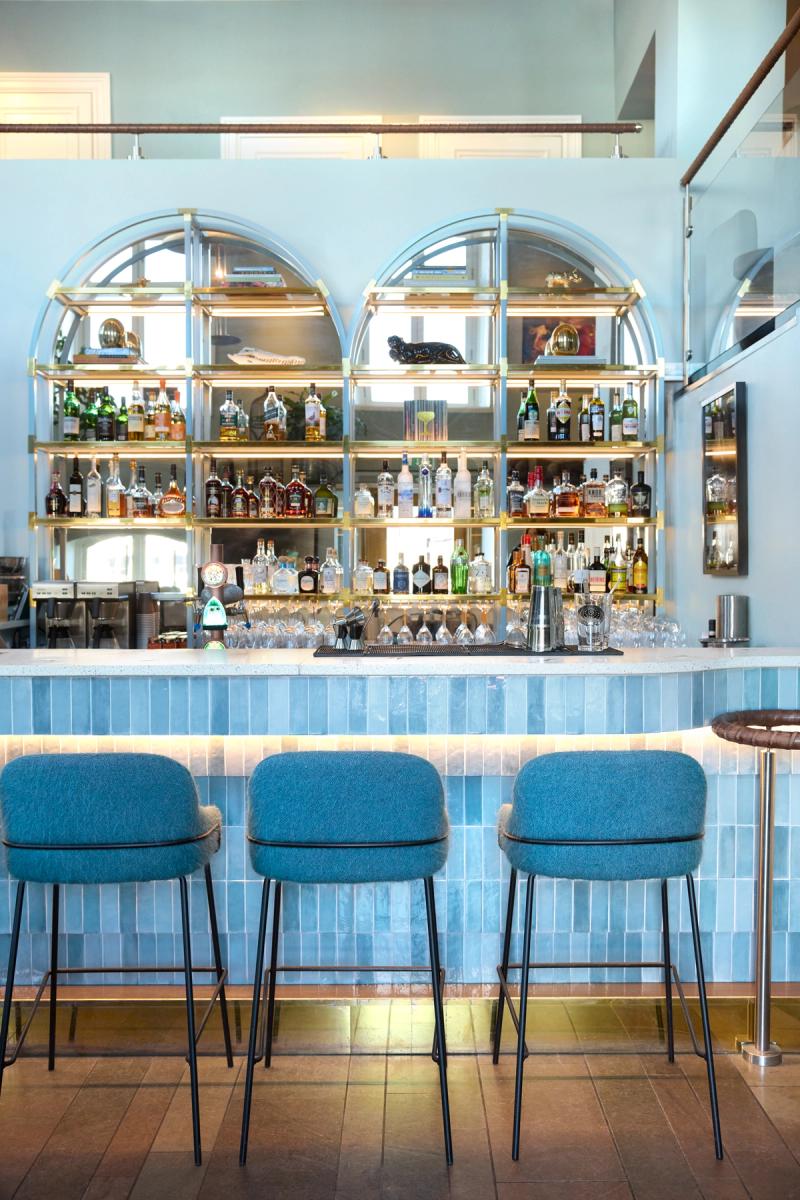 Blue hues in the bar at Lydmar Hotel