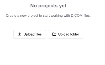 Drag and drop your DICOM files or ZIP archives into the upload area or select them manually using the 'Upload Files' button. To upload an entire folder, use the 'Upload Folder' button.