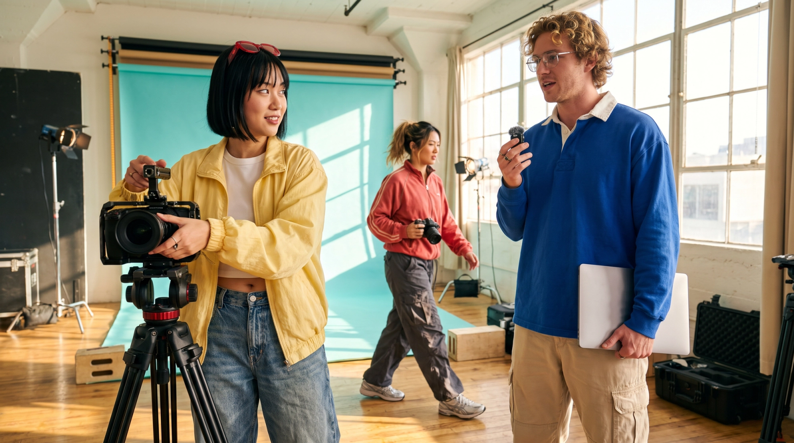 Video recording and ingest diagram showing camera, screen, and generated footage organized into scene folders, named by take, and backed up before editing