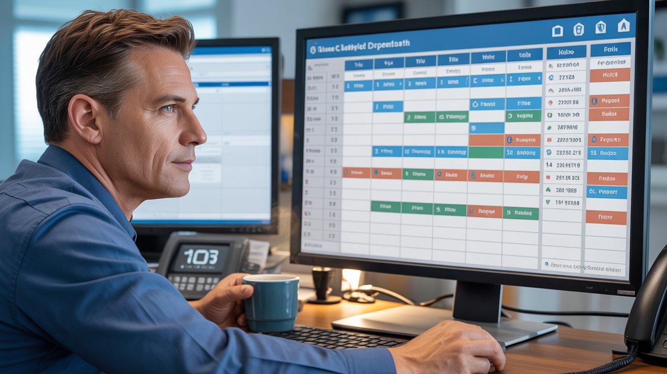A home service dispatcher reviewing a fully populated ServiceTitan dispatch board on a computer screen, with booked jobs automatically appearing from after-hours calls, illustrating how AI receptionist calendar integration eliminates manual data entry and fills schedules for HVAC, plumbing, and roofing contractors.