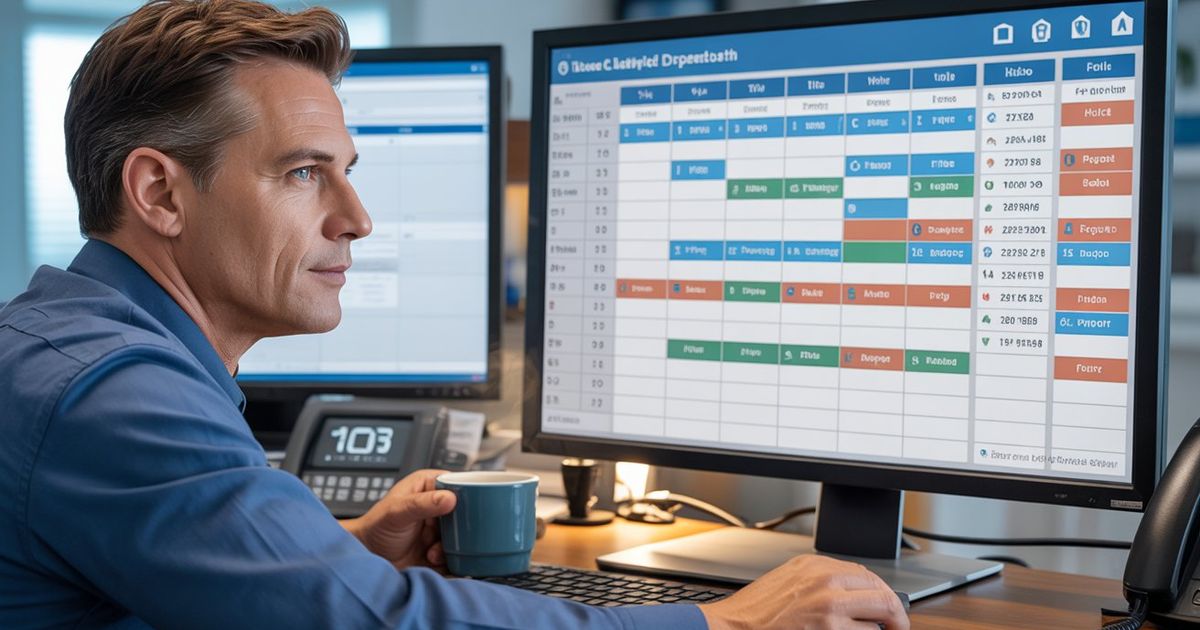 A home service dispatcher reviewing a fully populated ServiceTitan dispatch board on a computer screen, with booked jobs automatically appearing from after-hours calls, illustrating how AI receptionist calendar integration eliminates manual data entry and fills schedules for HVAC, plumbing, and roofing contractors.