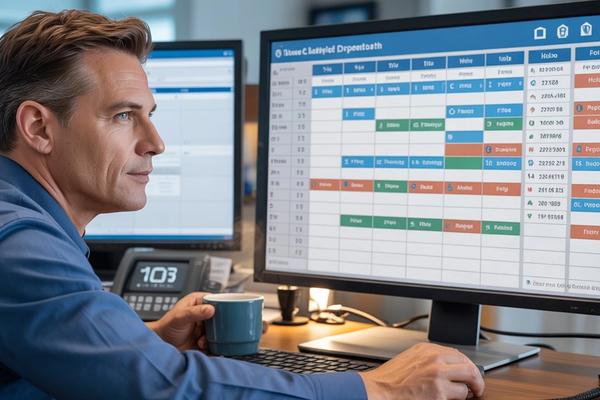 A home service dispatcher reviewing a fully populated ServiceTitan dispatch board on a computer screen, with booked jobs automatically appearing from after-hours calls, illustrating how AI receptionist calendar integration eliminates manual data entry and fills schedules for HVAC, plumbing, and roofing contractors.