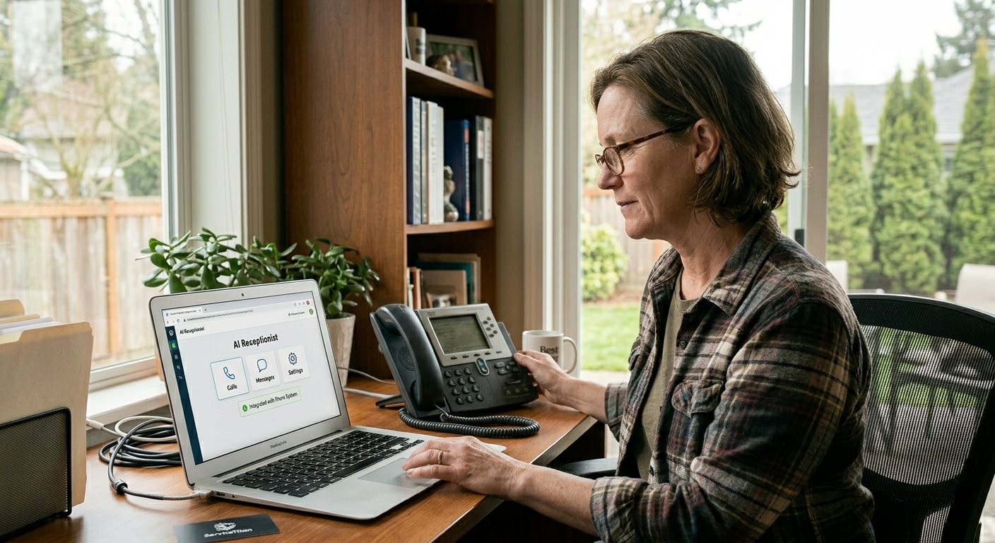 A home service business owner looking at an existing office phone setup with a laptop open beside it, representing the simplicity of integrating an AI receptionist into a current phone system without new hardware.