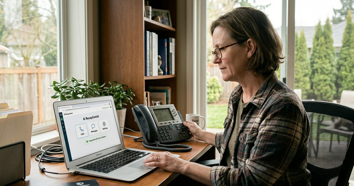 A home service business owner looking at an existing office phone setup with a laptop open beside it, representing the simplicity of integrating an AI receptionist into a current phone system without new hardware.