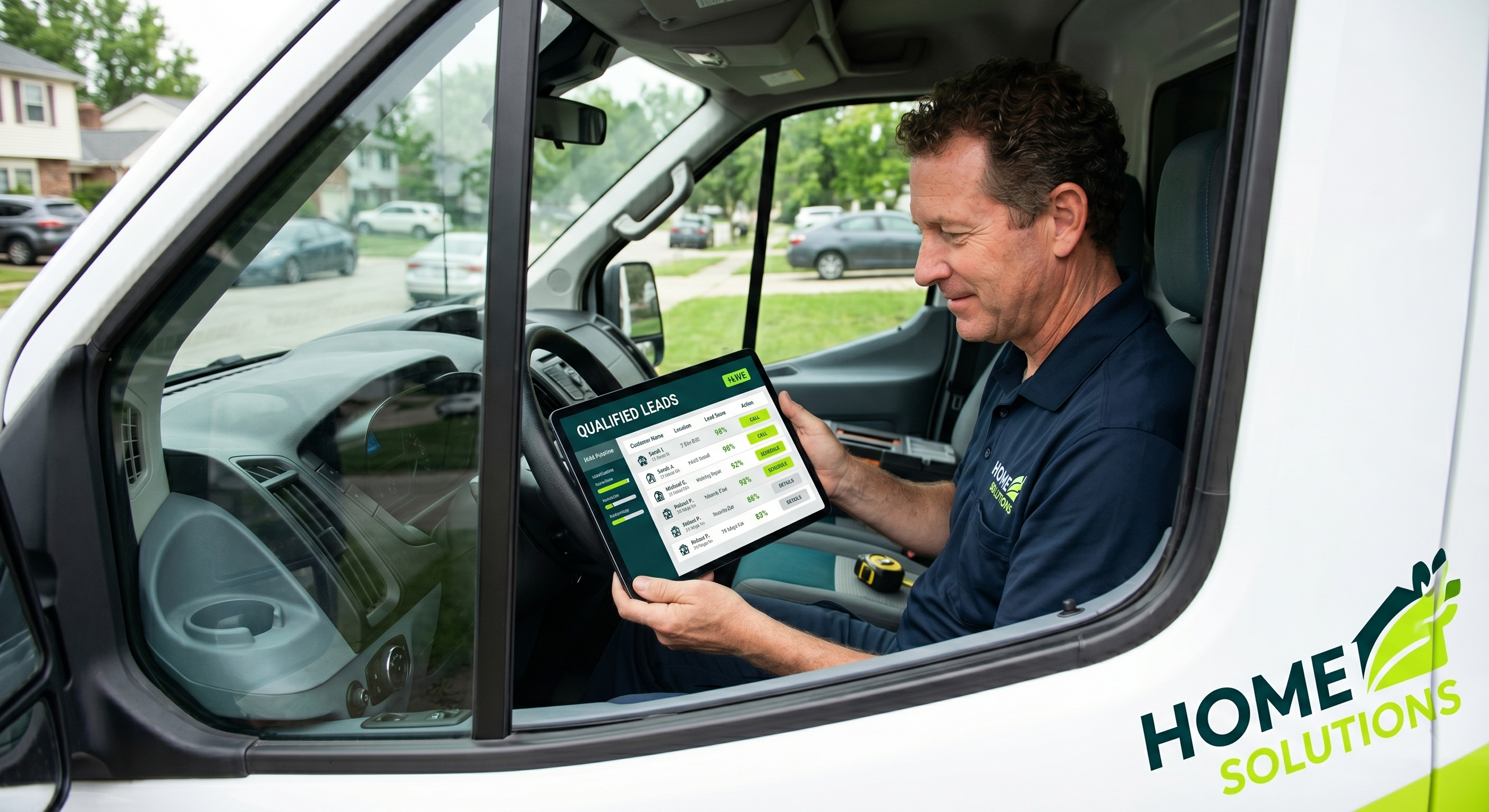A home service contractor reviewing real-time qualified leads on a tablet interface.