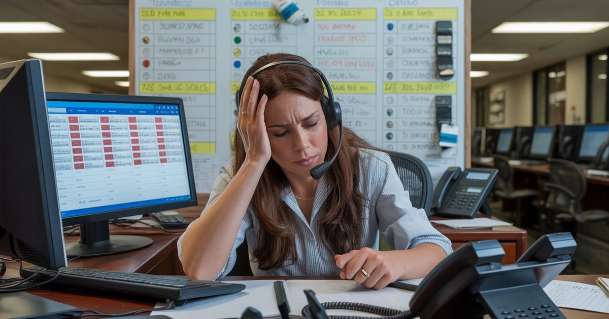 A stressed HVAC dispatcher at a busy call center surrounded by ringing phones, missed call notifications on a screen, and a job scheduling board — illustrating the revenue cost of unanswered calls in home service businesses.