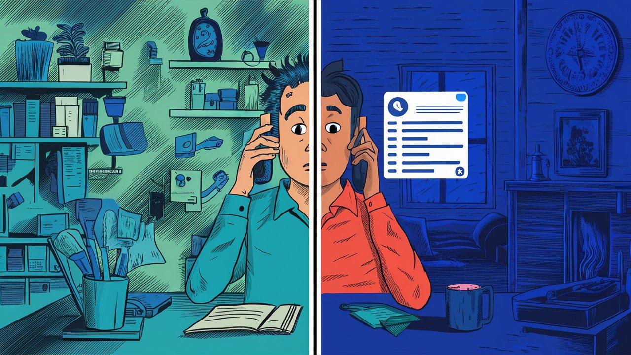 A split-image showing a home service dispatcher overwhelmed by ringing phones during a busy business-hours surge on one side, and a homeowner calling about a burst pipe late at night with a voicemail screen on the other — illustrating the two distinct revenue problems HVAC, plumbing, electrical, and roofing contractors face around the clock.
