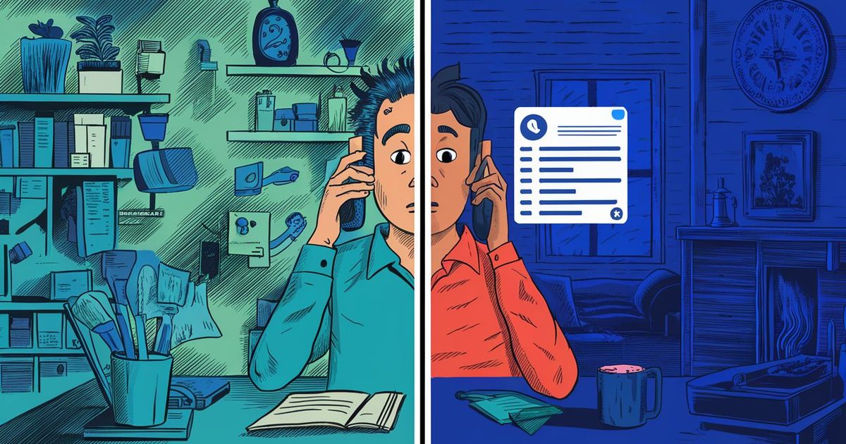 A split-image showing a home service dispatcher overwhelmed by ringing phones during a busy business-hours surge on one side, and a homeowner calling about a burst pipe late at night with a voicemail screen on the other — illustrating the two distinct revenue problems HVAC, plumbing, electrical, and roofing contractors face around the clock.