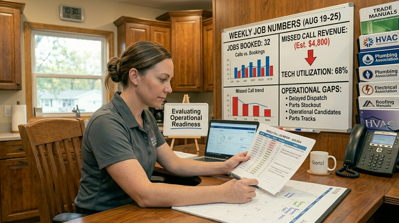 A home service business owner sitting at a desk reviewing a printed call log report and a whiteboard showing weekly job numbers — representing the process of evaluating operational gaps and business readiness in an HVAC, plumbing, electrical, or roofing company.