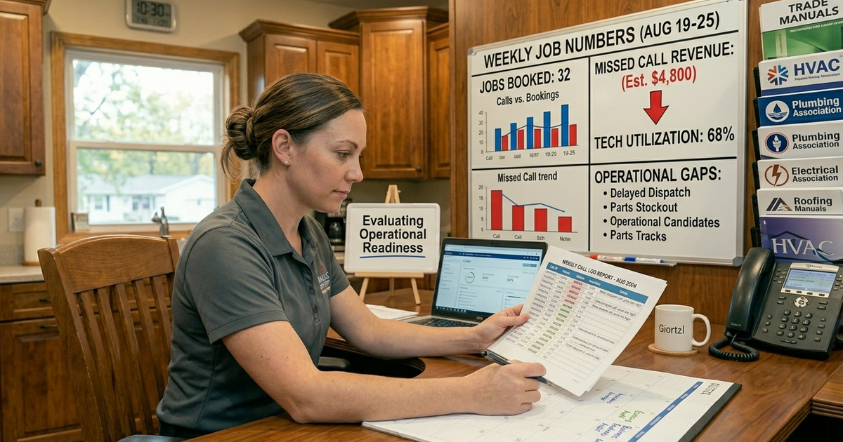 A home service business owner sitting at a desk reviewing a printed call log report and a whiteboard showing weekly job numbers — representing the process of evaluating operational gaps and business readiness in an HVAC, plumbing, electrical, or roofing company.
