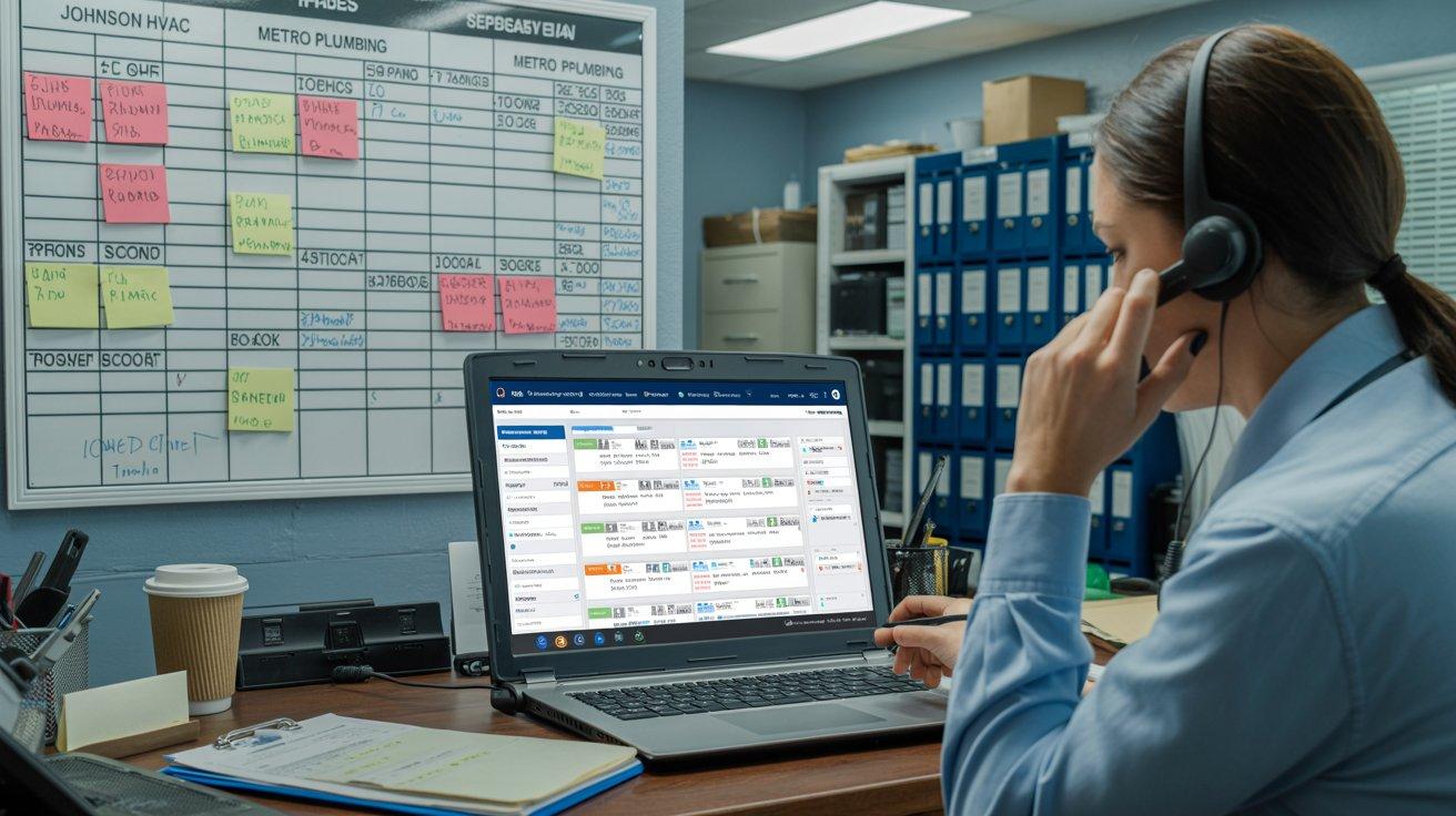 A busy home service operations office with a dispatcher on the phone, a truck scheduling board on the wall, and a laptop open showing an inbound call log — representing the real-world call handling environment inside an HVAC, plumbing, or roofing contracting business.