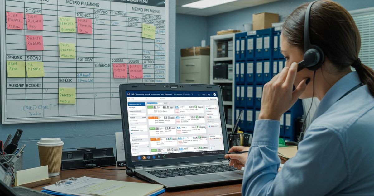 A busy home service operations office with a dispatcher on the phone, a truck scheduling board on the wall, and a laptop open showing an inbound call log — representing the real-world call handling environment inside an HVAC, plumbing, or roofing contracting business.