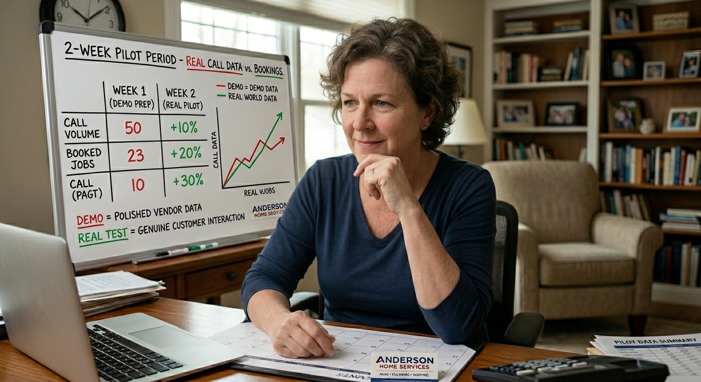 A home service business owner watching real call data and booking numbers improve on a whiteboard during a short pilot period, representing the difference between a polished vendor demo and a genuine real-world test.