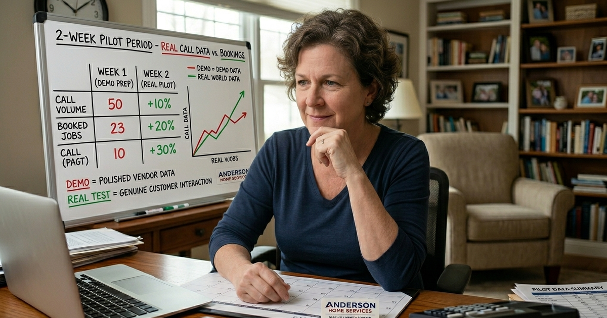 A home service business owner watching real call data and booking numbers improve on a whiteboard during a short pilot period, representing the difference between a polished vendor demo and a genuine real-world test.