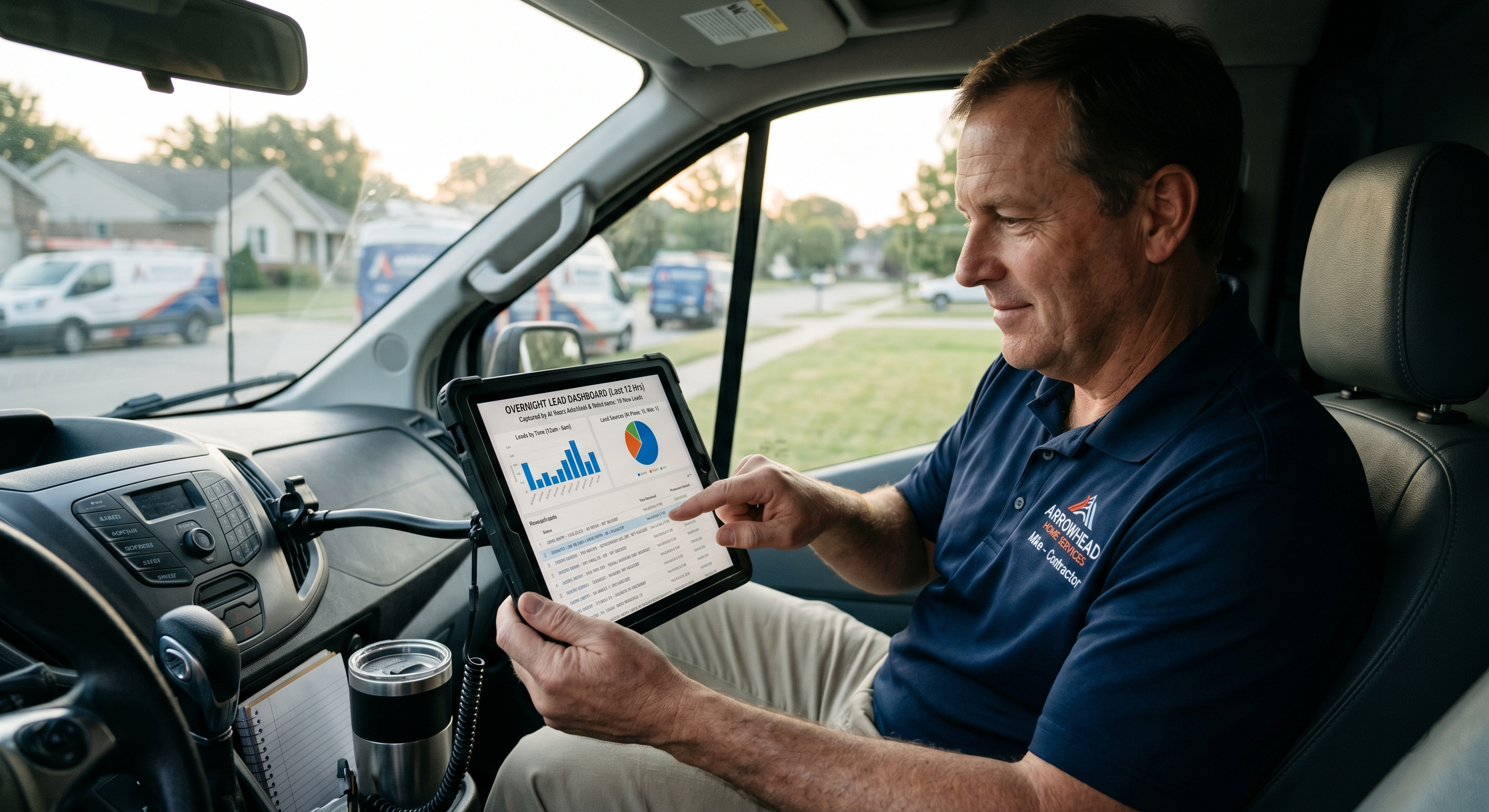 for featured image: A home service contractor reviewing a dashboard of overnight leads captured by an automated answering system.