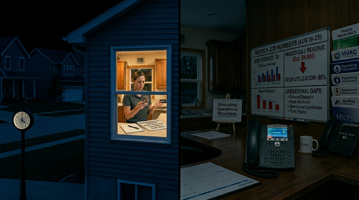 A split image showing a dark residential neighborhood at 2 AM with a single lit kitchen window — representing a homeowner dealing with a home service emergency in the middle of the night while a contractor's phone rings unanswered in an empty office.
