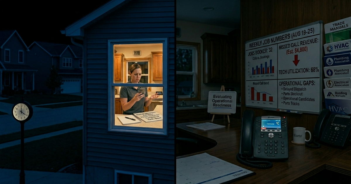 A split image showing a dark residential neighborhood at 2 AM with a single lit kitchen window — representing a homeowner dealing with a home service emergency in the middle of the night while a contractor's phone rings unanswered in an empty office.