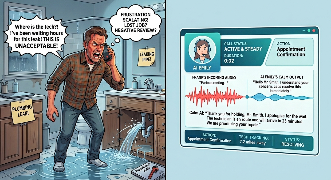 A frustrated homeowner on the phone, gripping the receiver tightly while waiting on hold — representing the high-stakes moment when a difficult caller either gets handled well and becomes a booked job, or gets handled poorly and becomes a one-star review.