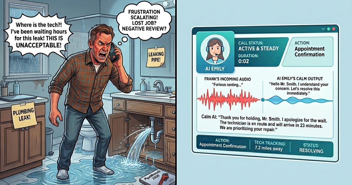 A frustrated homeowner on the phone, gripping the receiver tightly while waiting on hold — representing the high-stakes moment when a difficult caller either gets handled well and becomes a booked job, or gets handled poorly and becomes a one-star review.