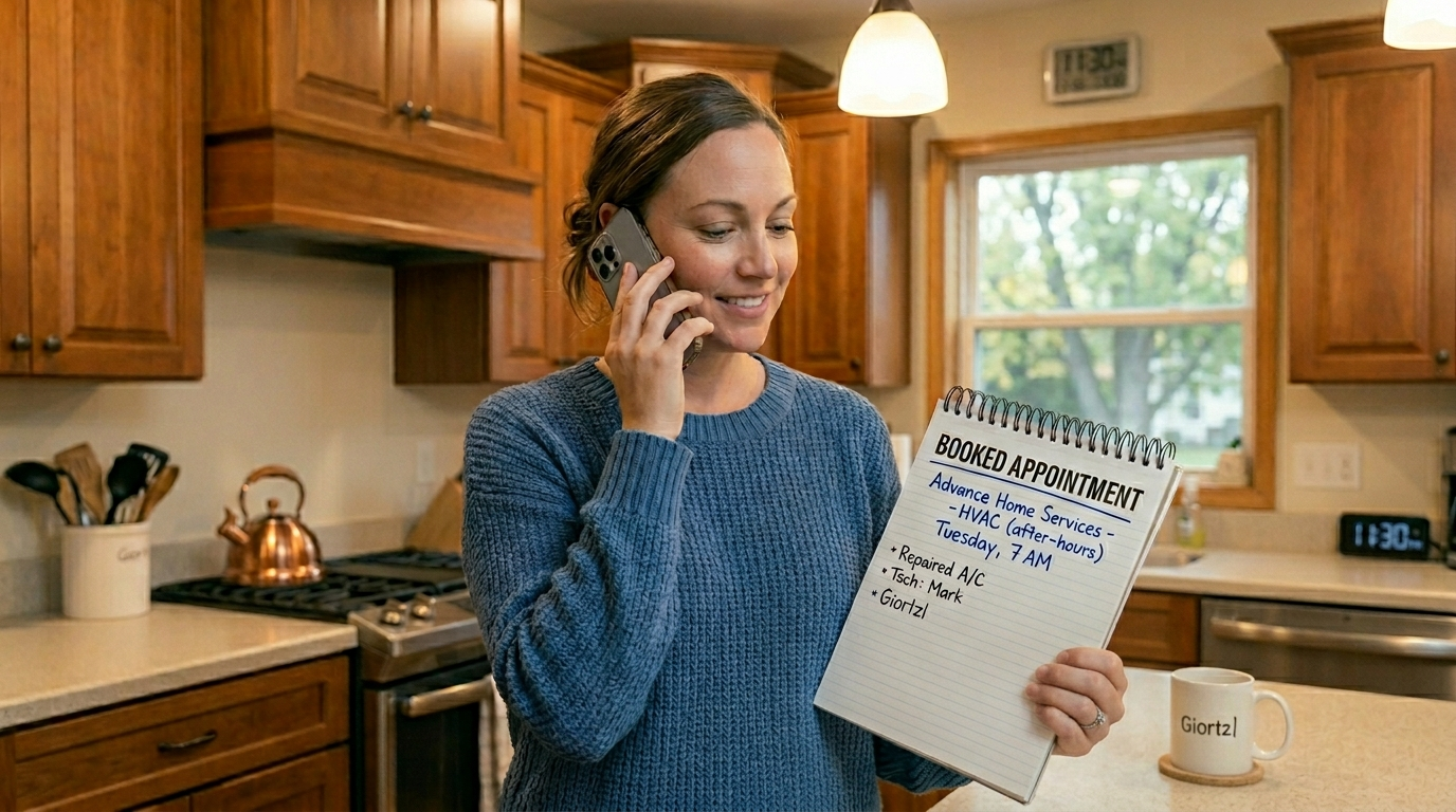 A homeowner on the phone in a kitchen looking calm and satisfied while holding a notepad with a booked appointment written on it — representing a positive customer experience with an after-hours call handled quickly and professionally in a home service context.
